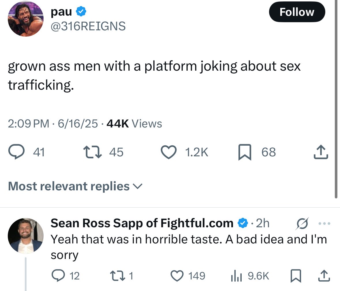 Robby The Brain© (@robbythebrain) on Twitter photo What a vile, distasteful “joke” on the most global case in America right now.
<a href="/SeanRossSapp/">Sean Ross Sapp of Fightful.com</a> is a grown man joking about sex trafficking. Like it’s a normal everyday thing for him.
Always thought dude was a straight clown—this solidifies it.
And to the marks who actually pay What a vile, distasteful “joke” on the most global case in America right now.
<a href="/SeanRossSapp/">Sean Ross Sapp of Fightful.com</a> is a grown man joking about sex trafficking. Like it’s a normal everyday thing for him.
Always thought dude was a straight clown—this solidifies it.
And to the marks who actually pay