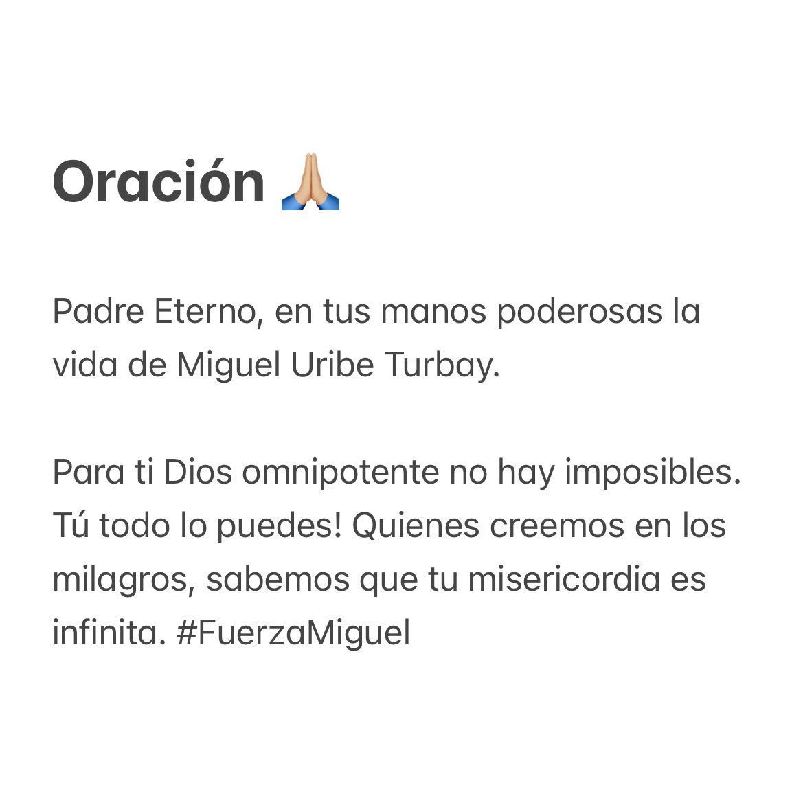Padre Eterno, en tus manos poderosas la vida de Miguel Uribe Turbay. 

Para ti Dios omnipotente no hay imposibles. ¡Tú todo lo puedes! Quienes creemos en los milagros, sabemos que tu misericordia es infinita. #FuerzaMiguel