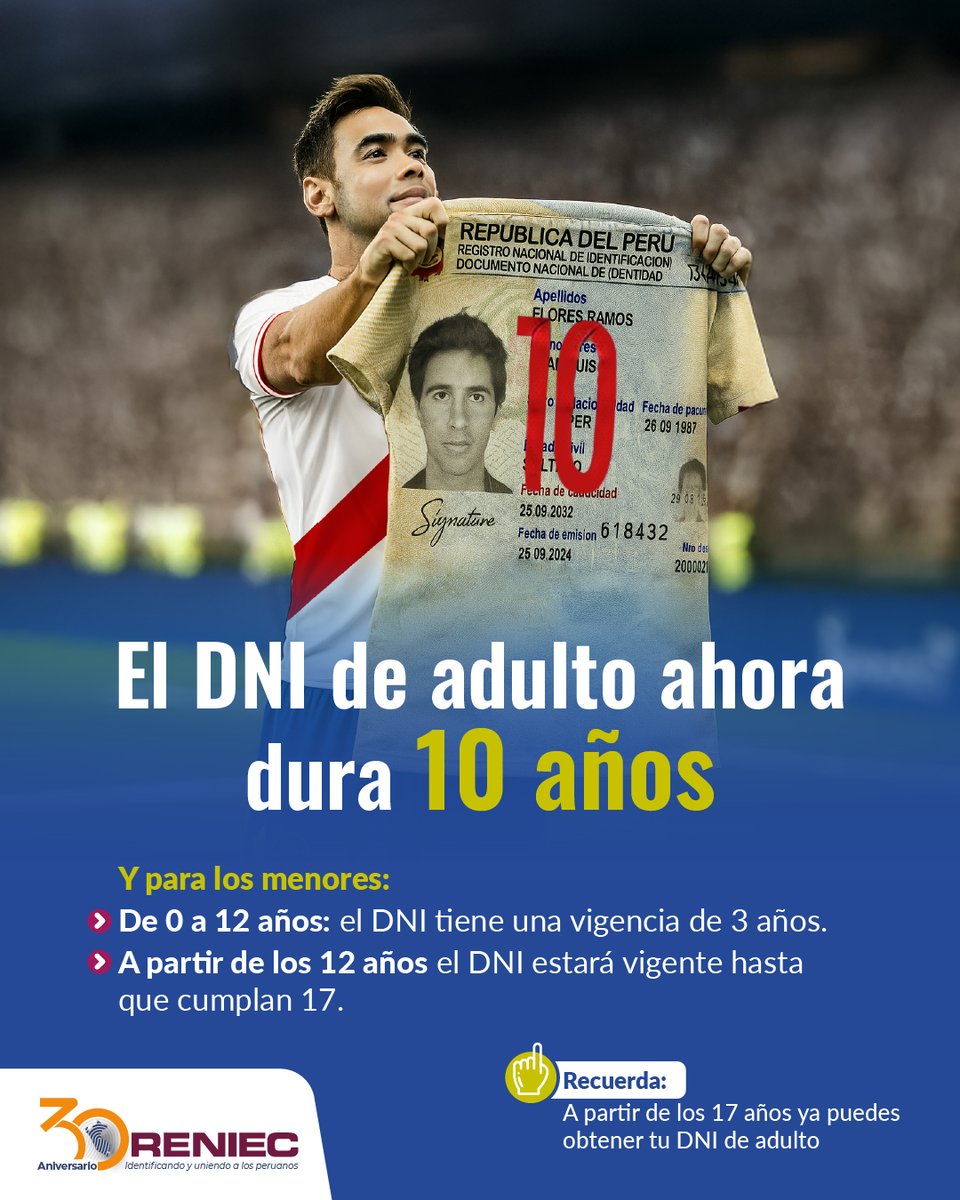 ¿Tramitas tu #DNI de adulto? 🪪🧔‍♂️
Ahora tendrá una vigencia de 10 años, con la Ley N.º 32237.
En #RENIEC ya estamos emitiendo documentos con este nuevo plazo. 🤩

#DNIe