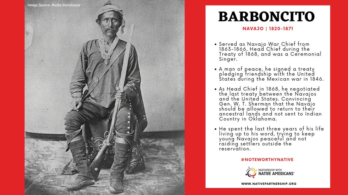 PWNA4hope's tweet image. Barboncito, the Navajo War Chief and head Chief during the 1868 treaty, led his people home after the Long Walk. He was a true leader, singer, and protector.

Learn more: NativePartnership.org/Noteworthy-Nat…

.

.

#PWNA4Hope #Barboncito #NoteworthyNative