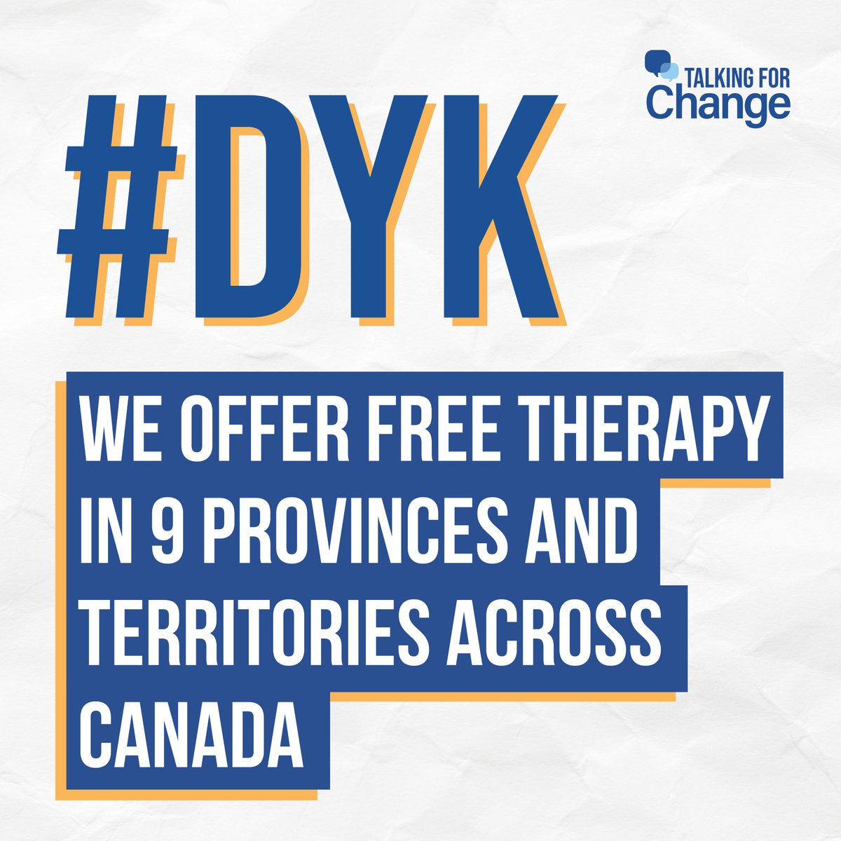 talking4change's tweet image. We are proud to offer free therapy in Ontario, Atlantic Canada, Quebec, Alberta, Yukon, and Nunavut. 🇨🇦
To learn more about our program, visit talkingforchange.ca/get-help/#self…