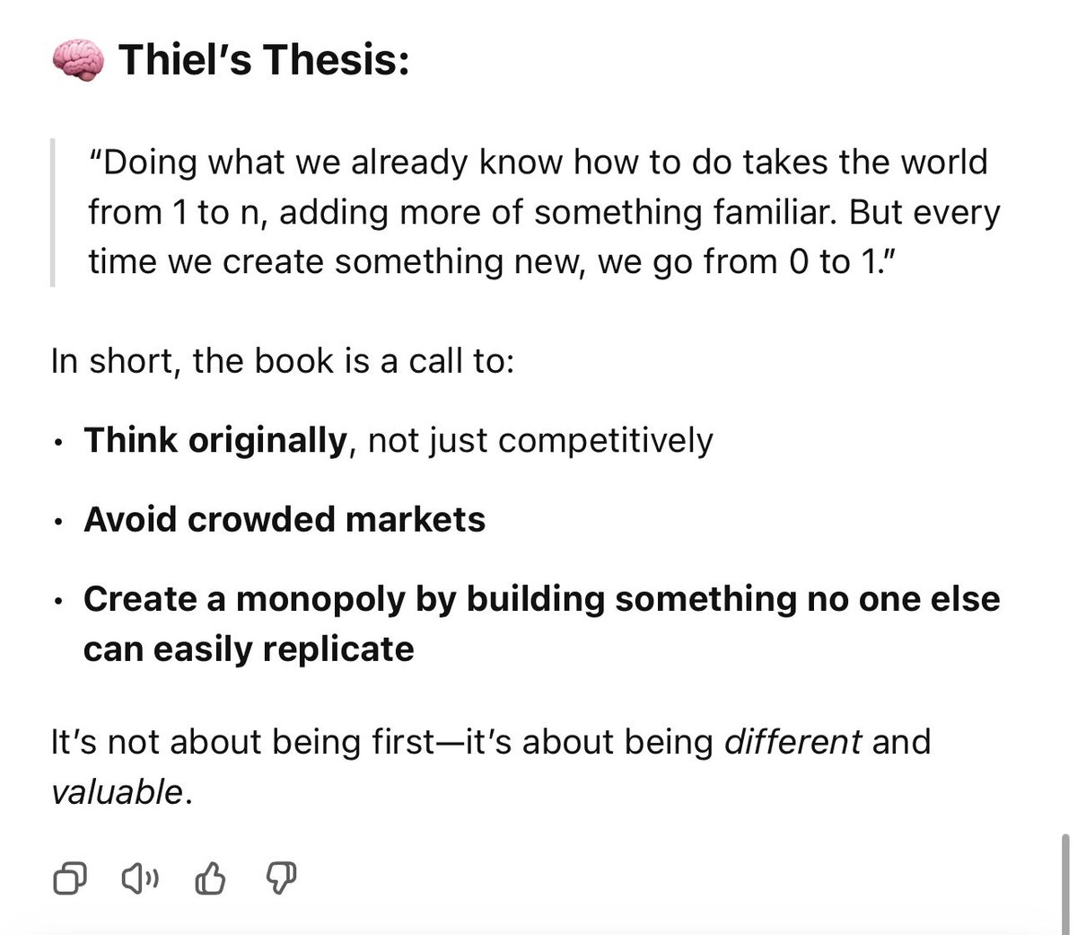most ppl go from 1 to n. <a href="/peterthiel/">Peter Thiel</a> wants you to go from 0 to 1. 

here’s what that actually means &amp; why it matters 😯✨: