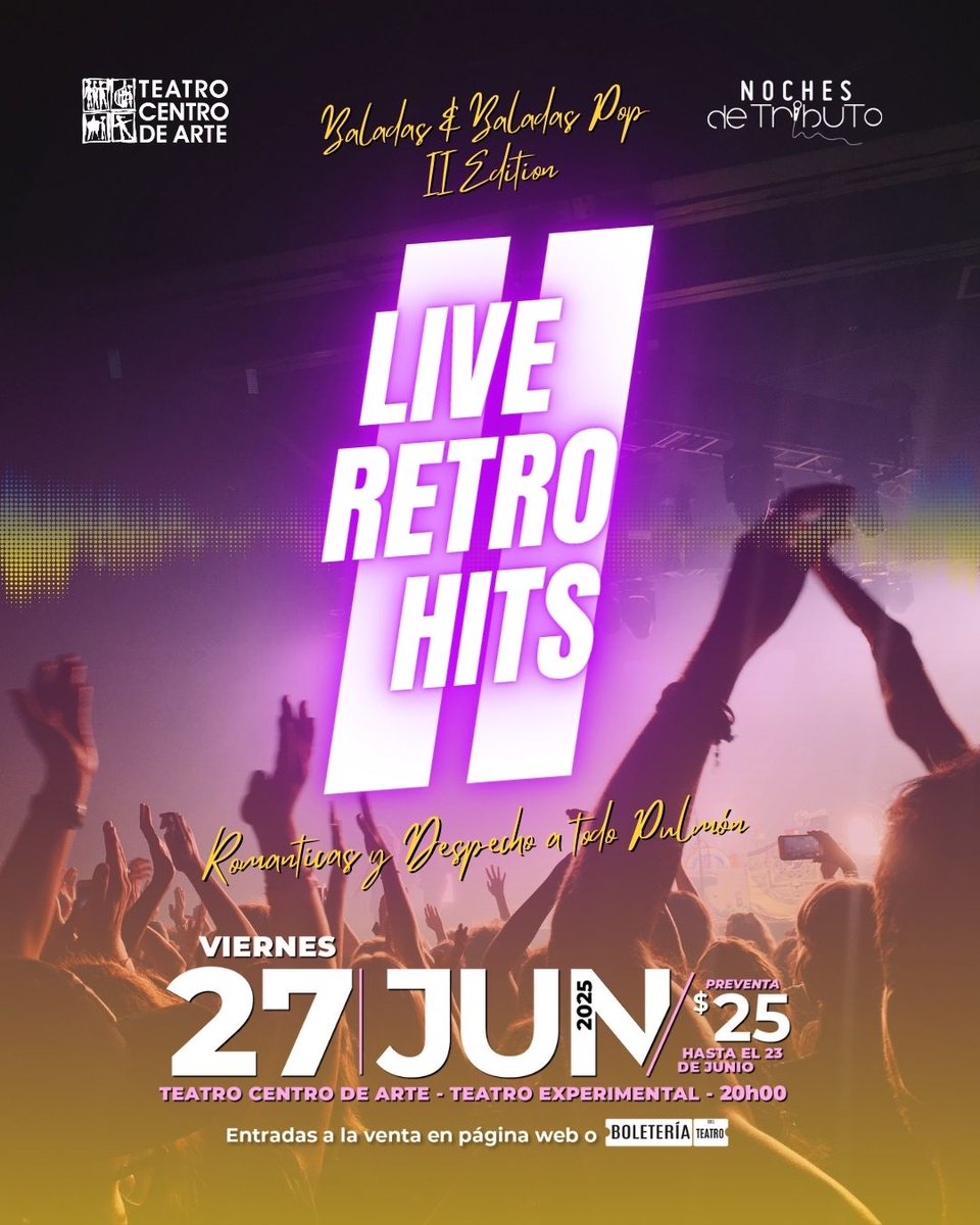 ¡Noche de nostalgia y emociones!✨🎶
LIVE RETRO HITS II Edition trae lo mejor de los 80’s y 90’s, con 9 artistas en escena junto a Mike Albornoz.
🗓️ Viernes 27 de junio |⏰20h00
📍 Teatro Centro de Arte
🎟️ Preventa $25 hasta el 23 de junio. ¡Entradas ya!
#TCA #Retro #80s #90s