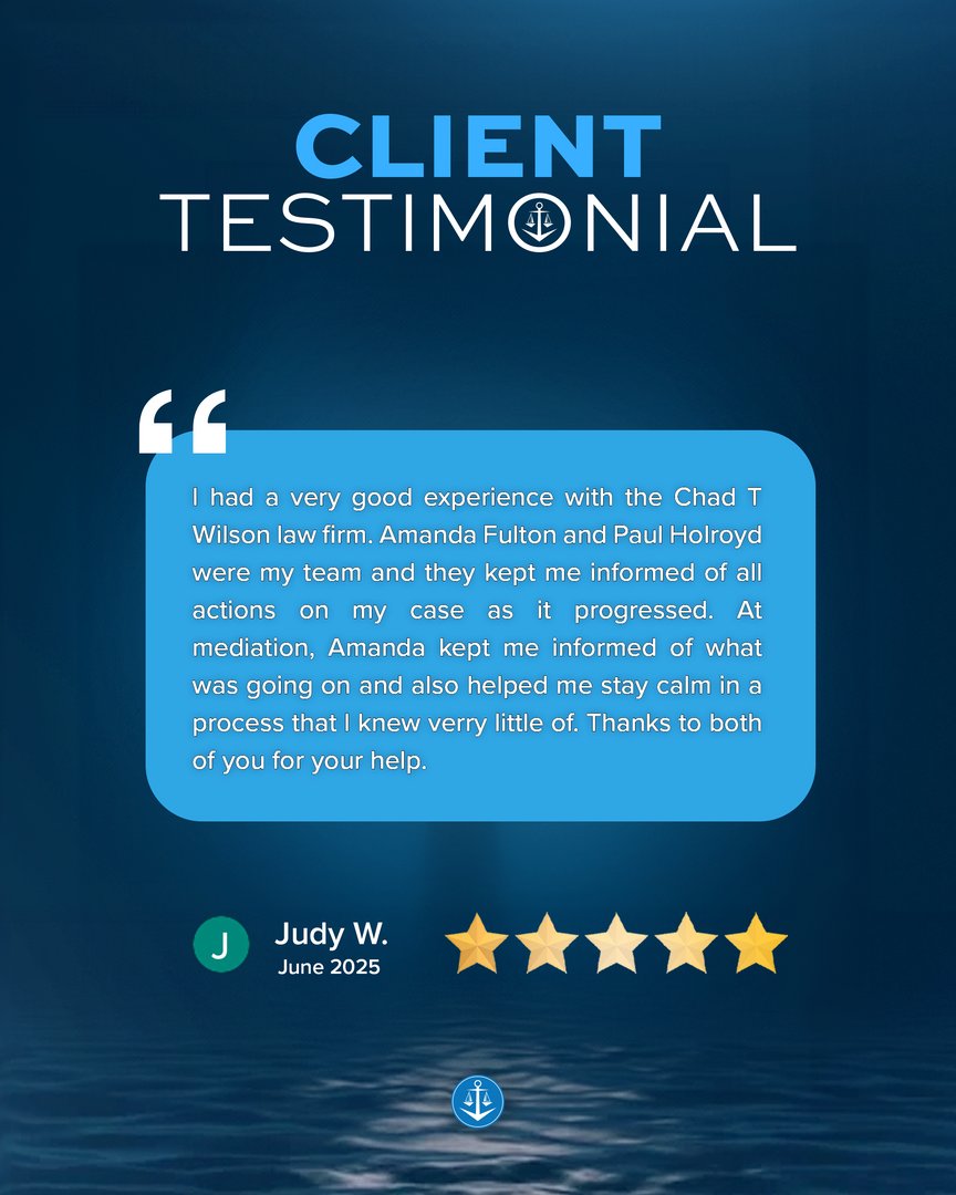 ChadFirm's tweet photo. Thank you for the 5* review, Judy! Amanda and Paul are an amazing team. Glad we were able to help you with your claim and provide much needed clarity on your case. 

#googlereview
#lawyerreview
#ChadTWilsonLaw https://t.co/XeGKlLKlWe