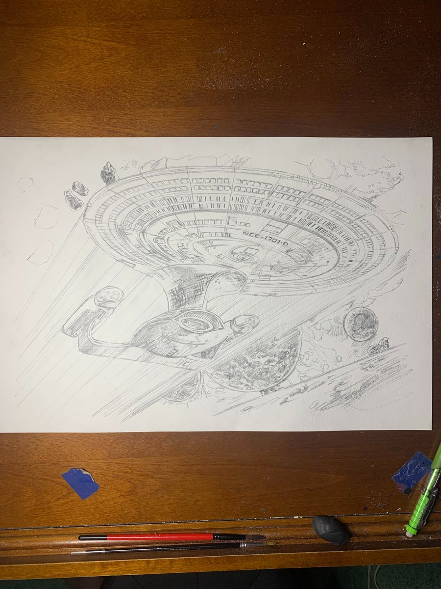 "Enterprise D at Warp" #pencils on  cold pressed cotton paper. #WIP #workinprocess #heroescon2025 #commission.  #art #comicart #comicprofessional #StarTrek #StarTrekTNG