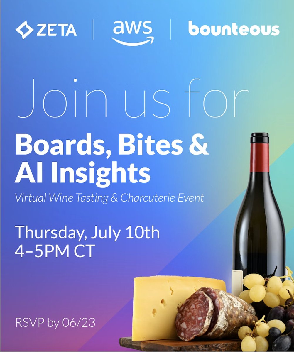 John_B_Lewis's tweet photo. 🧀 Wine, charcuterie, and AI insights? Yes please. On July 10, @ZetaGlobal, @awscloud  (AWS), and @Bounteous  are hosting a virtual happy hour that's light on slides and full of good vibes.

RSVP by June 23 to join the fun and secure your kit. 

https://t.co/EqEWBd1XYv https://t.co/mlDQK8UsoK