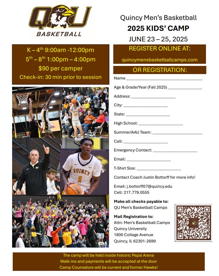 Coach Brad Hoyt (@coachbradhoyt) on Twitter photo Still time to sign up for next week!
<a href="/QUHawksMBB/">QU Men's Basketball</a> Youth Camp!
Changes for 2025 include:
Added time for youngest campers
Reduced pricing for 'older' campers
Hawk players here as coaches!
Same for 2025:
Camp day DRAFT and league play
Fundamentals and Competition EACH DAY Still time to sign up for next week!
<a href="/QUHawksMBB/">QU Men's Basketball</a> Youth Camp!
Changes for 2025 include:
Added time for youngest campers
Reduced pricing for 'older' campers
Hawk players here as coaches!
Same for 2025:
Camp day DRAFT and league play
Fundamentals and Competition EACH DAY