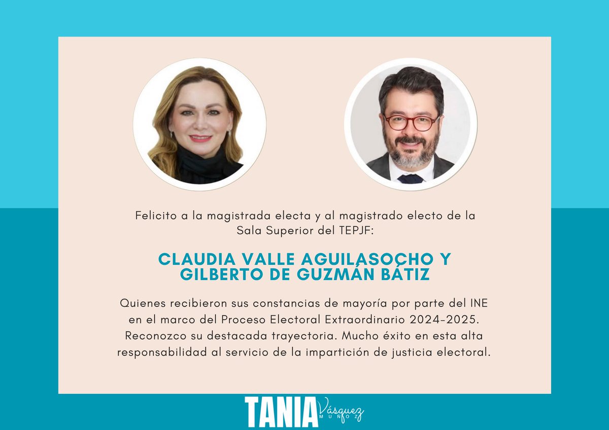 Felicito a Claudia Valle Aguilasocho <a href="/CVAguilasocho/">Claudia Valle Aguilasocho</a> y Gilberto De Guzmán Bátiz <a href="/gbatizg/">Gilberto Bátiz García</a> magistraturas electas de la Sala Superior del TEPJF. Quienes recibieron sus constancias de mayoría por parte del <a href="/INEMexico/">@INEMexico</a>.

¡Enhorabuena!