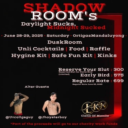 ArcherUnwound's tweet photo. LaKaN's Clans Of Manila Presents

SHADOW ROOM
Daylight Sucks, Midnight Sucked

Bakit lasap lang ng tukso
Kung kaya mo namang angkinin
sa makamundong kwarto

Yan tayo eh, Don't settle for less.
Dito ka na sa-Suckcess. https://t.co/zLXbPsSpOU