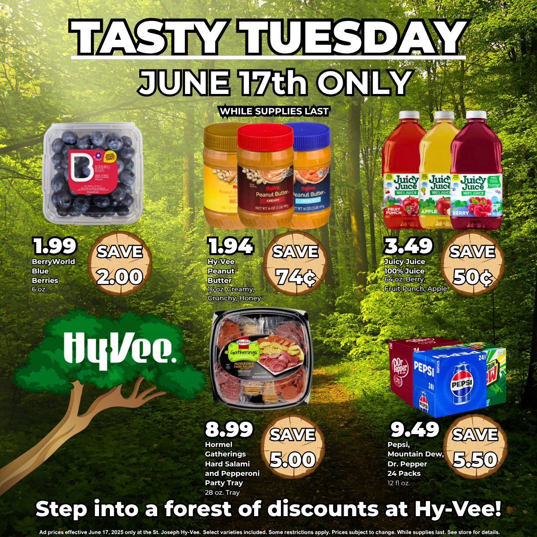 StJosephHyVee's tweet image. It's time for another Tasty Tuesday! 🛒 Stock up and save big with a forests worth of discounts! 🌳
#TastyTuesday #OneDaySale #StockUp