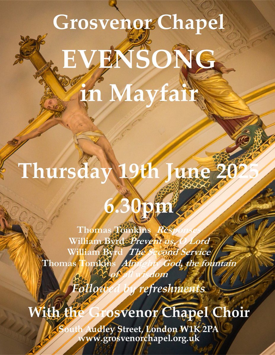 splcoleman's tweet image. The next Evensong in Mayfair at Grosvenor Chapel is this Thursday (19 June) at 6.30pm! Beautiful Tudor music from the Grosvenor Chapel Choir, followed by refreshments. All welcome!