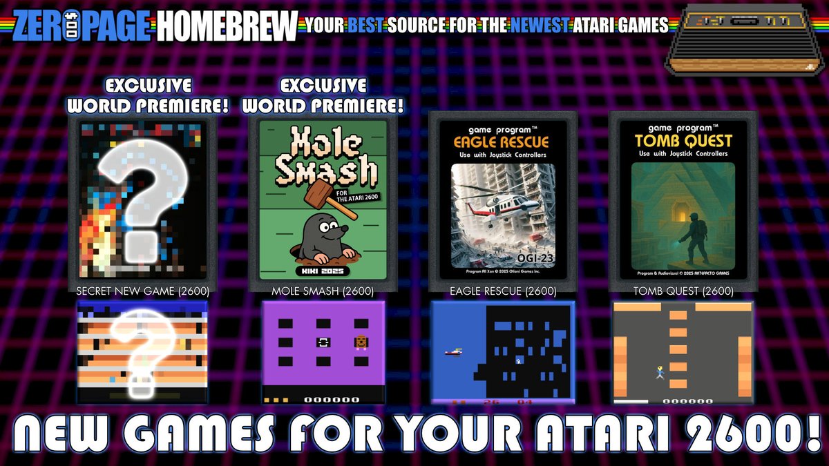 zeropagehomebre's tweet image. We debut two #atari2600 WORLD PREMIERES tomorrow including SECRET homebrew from Leandro Camara (Orbital War, Zarkstars) and Mole Smash from Mirsad Sarajlic (Galactic Intrusion, Caramujo) plus two more new games!
Tue Jun 17 @ 12PM PT/3PM ET/7PM GMT
twitch.tv/zeropagehomebr…
