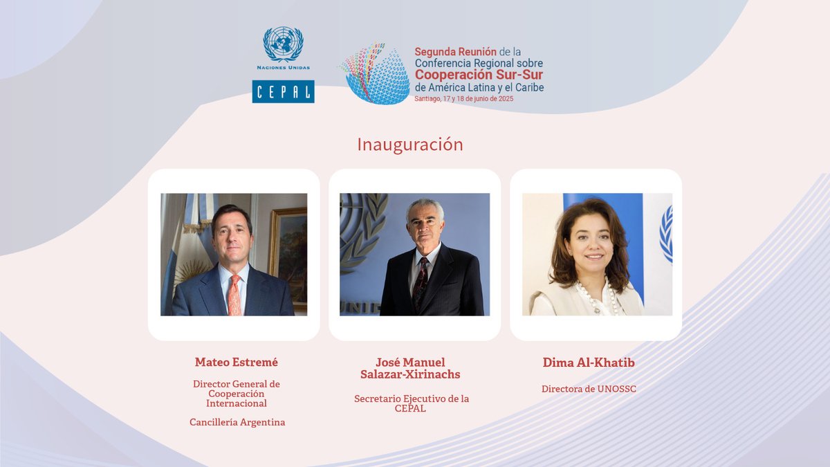 🔴MAÑANA
⏰10:00 a.m. Chile 🇨🇱 (GMT -4)
Inauguración de la 𝐒𝐞𝐠𝐮𝐧𝐝𝐚 𝐑𝐞𝐮𝐧𝐢𝐨́𝐧 𝐝𝐞 𝐥𝐚 𝐂𝐨𝐧𝐟𝐞𝐫𝐞𝐧𝐜𝐢𝐚 𝐑𝐞𝐠𝐢𝐨𝐧𝐚𝐥 𝐬𝐨𝐛𝐫𝐞 #𝐂𝐨𝐨𝐩𝐞𝐫𝐚𝐜𝐢𝐨́𝐧𝐒𝐮𝐫𝐒𝐮𝐫 𝐝𝐞 #𝐀𝐦𝐞́𝐫𝐢𝐜𝐚𝐋𝐚𝐭𝐢𝐧𝐚 𝐲 𝐞𝐥 𝐂𝐚𝐫𝐢𝐛𝐞.
Participan:
🔸<a href="/JoseMSalazarX/">JoseMSalazarX_CEPAL</a>,