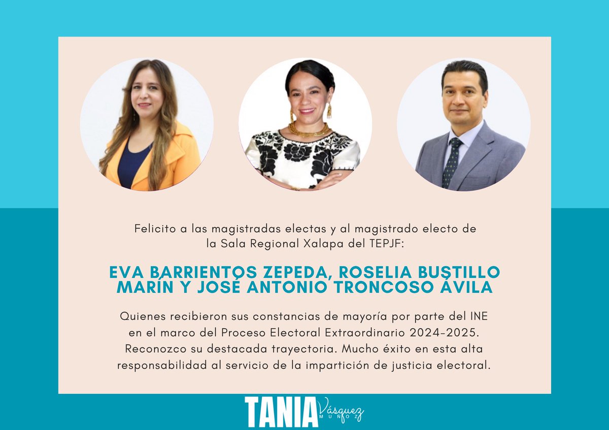 Felicito a Eva Barrientos Zepeda <a href="/EvaBarrientosZe/">Eva Barrientos</a>, Roselia Bustillo Marín <a href="/BustilloRoselia/">Roselia Bustillo Marín</a> y José Antonio Troncoso Ávila <a href="/LicAnt_Troncoso/">José Antonio Troncoso Ávila</a> magistraturas electas de la Sala Regional Xalapa <a href="/TEPJF_XAL/">Sala Xalapa</a> del TEPJF. 

¡Mucho éxito!