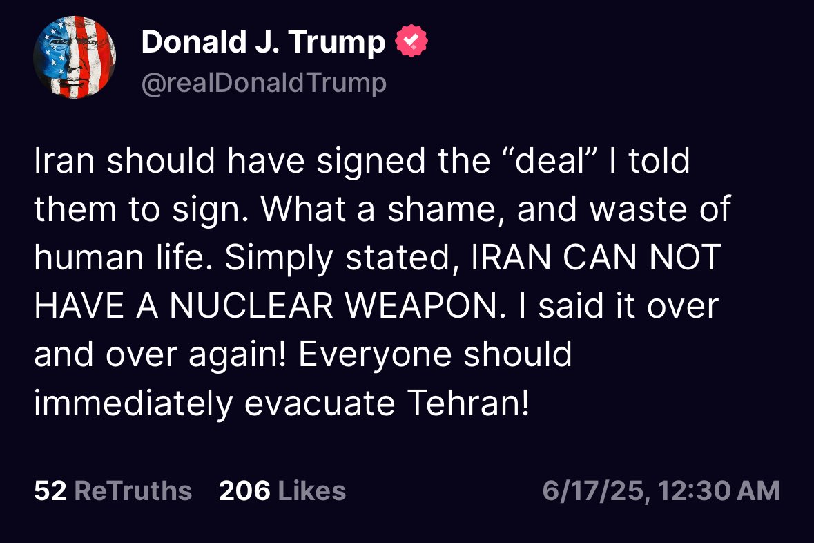 TRUMP: “Everyone should immediately evacuate Tehran.”