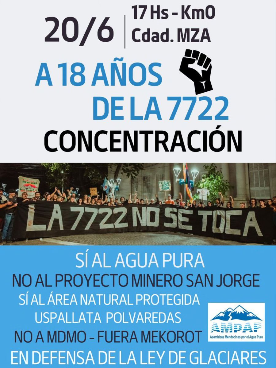 INVITAN LAS ASAMBLEAS POR EL AGUA DE MENDOZA 
Este  viernes 20 de Junio 2025 se celebra un nuevo aniversario de la sanción de la Ley  7722, "Guardiana del Agua" y la seguimos defendiendo en las calles.