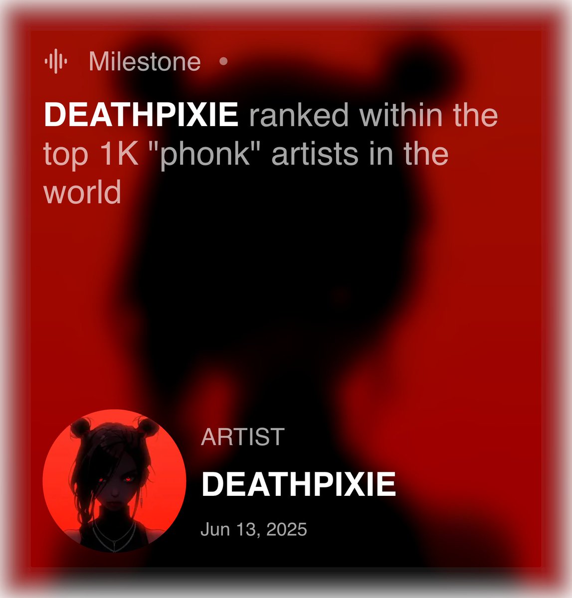 David Hume ππ§© (@db3045) on Twitter photo We launched <a href="/deathpixiexx/">deathpixie</a> one year ago.
Now...
She's in the top 1K of Phonk artists β
She's planning for a live show end of 2025 β
She has over 150K monthly listeners β
I dare you to keep doubting her ascent. We launched <a href="/deathpixiexx/">deathpixie</a> one year ago.
Now...
She's in the top 1K of Phonk artists β
She's planning for a live show end of 2025 β
She has over 150K monthly listeners β
I dare you to keep doubting her ascent.