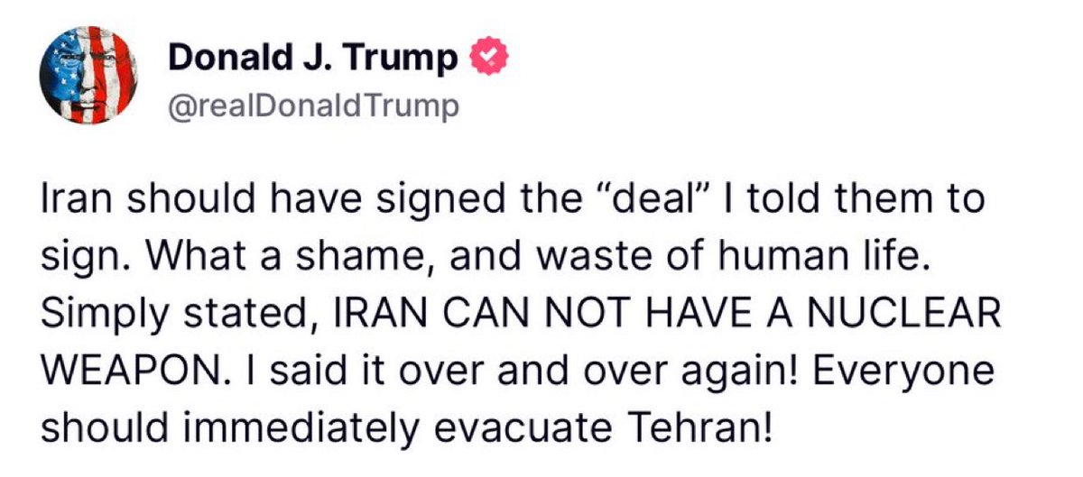 DC_Draino's tweet photo. President Trump just posted that “everyone should immediately evacuate Tehran”

Whoa https://t.co/v8dsnyrVbq