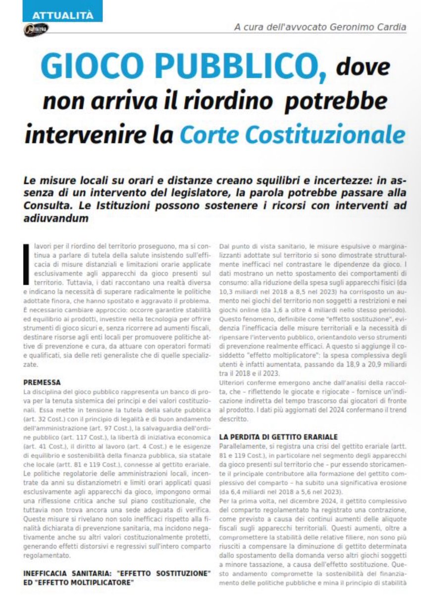 Su <a href="/Jammasrl/">Jamma Magazine</a> l’articolo a firma <a href="/Geronimo_Cardia/">Geronimo Cardia</a> "GIOCO PUBBLICO, dove non arriva il riordino potrebbe intervenire la Corte Costituzionale"

acadi.it/3-it-364038-ar…