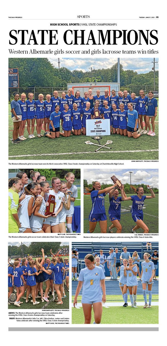 John Shifflett (@john_shifflett) on Twitter photo Coming in Tuesday's <a href="/DailyProgress/">The Daily Progress</a> print edition, coverage of the <a href="/WAHSWarriors/">WAHSWarriors</a> winning state championships in girls lacrosse and girls soccer. Coming in Tuesday's <a href="/DailyProgress/">The Daily Progress</a> print edition, coverage of the <a href="/WAHSWarriors/">WAHSWarriors</a> winning state championships in girls lacrosse and girls soccer.