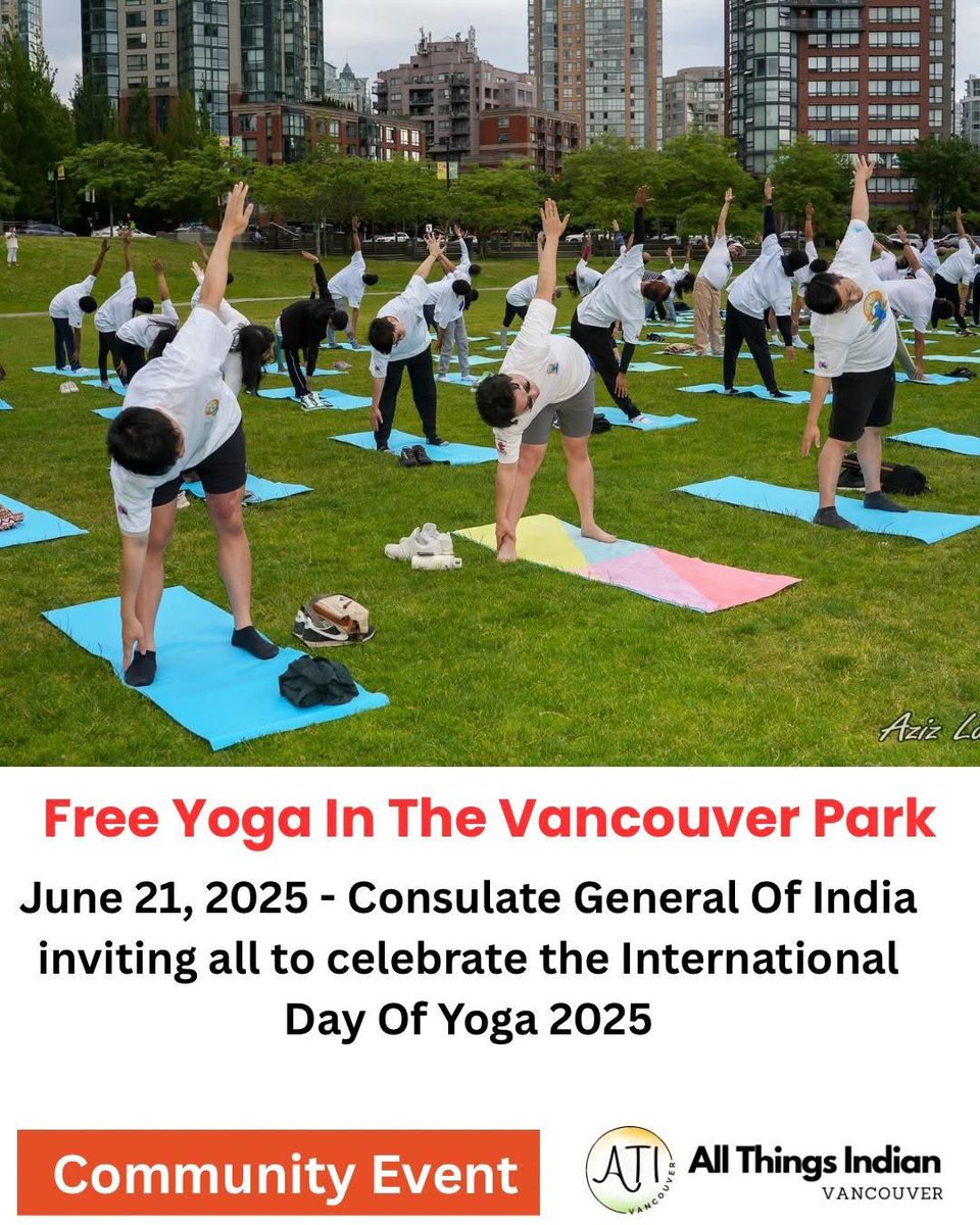Free Yoga In The Park - Join Hundreds Of people this Saturday, June 21st doing Yoga together at David Lam Park. Read more here ativancouver.ca/blog/free-yoga… 

The event is hosted by <a href="/cgivancouver/">India in Vancouver</a> to celebrate the International Day of Yoga 2025.
.
#YogaDay #IDY #IDY2025 #Vancouver