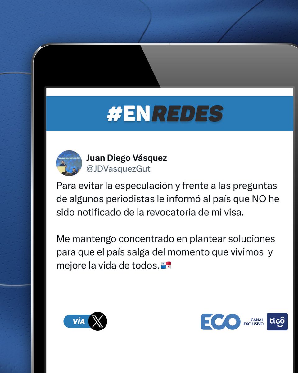 #EnRedes🔴 El exdiputado y líder de la Coalición Vamos, Juan Diego Vásquez señaló que no ha recibido notificación sobre cancelación de VISA por parte de los Estados Unidos.

"Para evitar la especulación y frente a las preguntas de algunos periodistas le informó al país que NO he