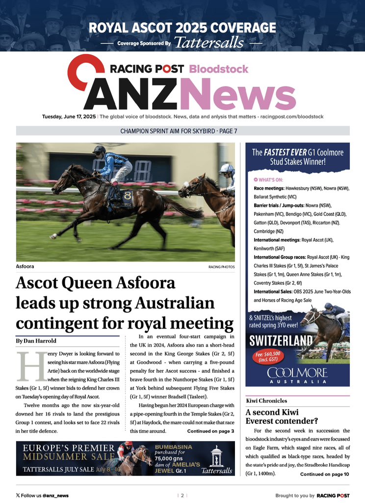 In today’s ANZ Bloodstock News 📮🏇

⭕️ Ascot Queen Asfoora leads up strong Australian contingent for royal meeting 👑

⭕ A second Kiwi Everest contender? 🇳🇿

⭕️ Champion Sprint aim for Skybird 🚀

Read today's edition &gt; anzbloodstocknews.com/editions/2025-…