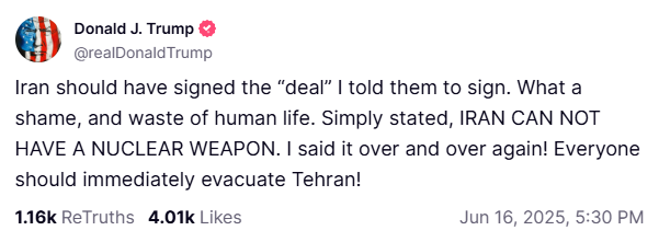 Breaking911's tweet photo. 🚨PRES. TRUMP: "Everyone should immediately evacuate Tehran!" https://t.co/i2m4rRkqwg