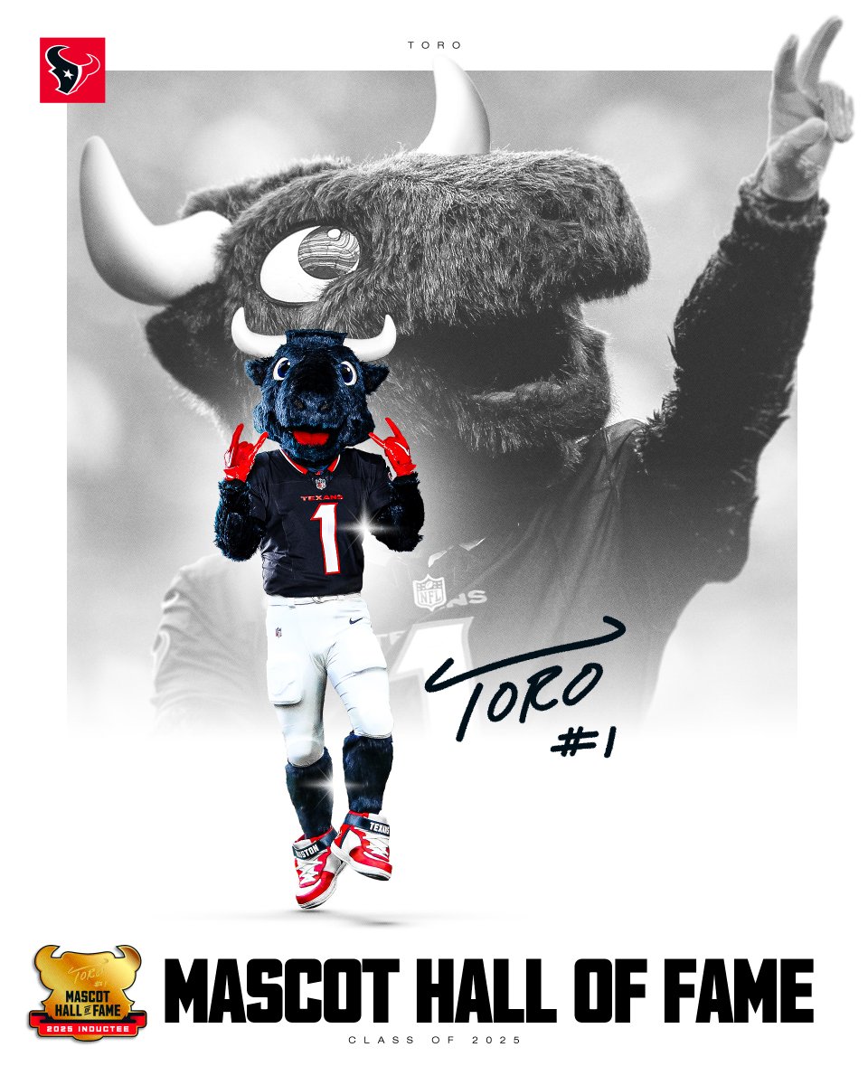 Houston Texans (@houstontexans) on Twitter photo H-TOWN'S NEWEST HALL OF FAMER 🤘
Congratulations to <a href="/TexansTORO1/">TORO 🐃</a> on being inducted into the Mascot Hall of Fame Class of 2025! H-TOWN'S NEWEST HALL OF FAMER 🤘
Congratulations to <a href="/TexansTORO1/">TORO 🐃</a> on being inducted into the Mascot Hall of Fame Class of 2025!