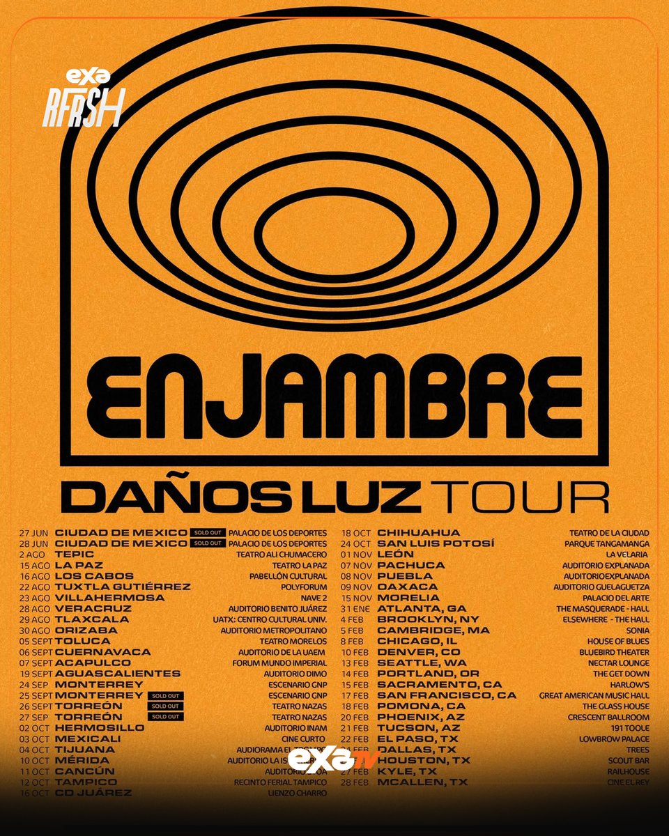 ⚡️ <a href="/enjambremx/">Enjambre</a> inicia su nueva era con Daños Luz 🎸🌌

La banda regresa al sonido eléctrico y ya lanzó dos poderosos sencillos:
🎶 “Vínculo” y “Juguete”, ambos parte de su próximo álbum de estudio.

La gira Daños Luz Tour arranca con 2 sold outs en el Palacio de los Deportes (27