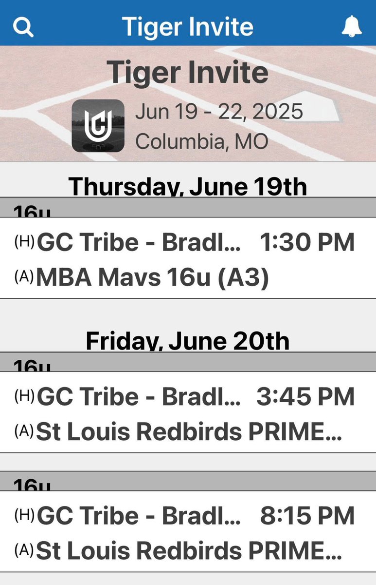 Mizzou Tournament Schedule for the GC Tribe. 
Calyx Wise 2026 
LHP/1B 
Edwardsville High School 
GC Tribe Baseball