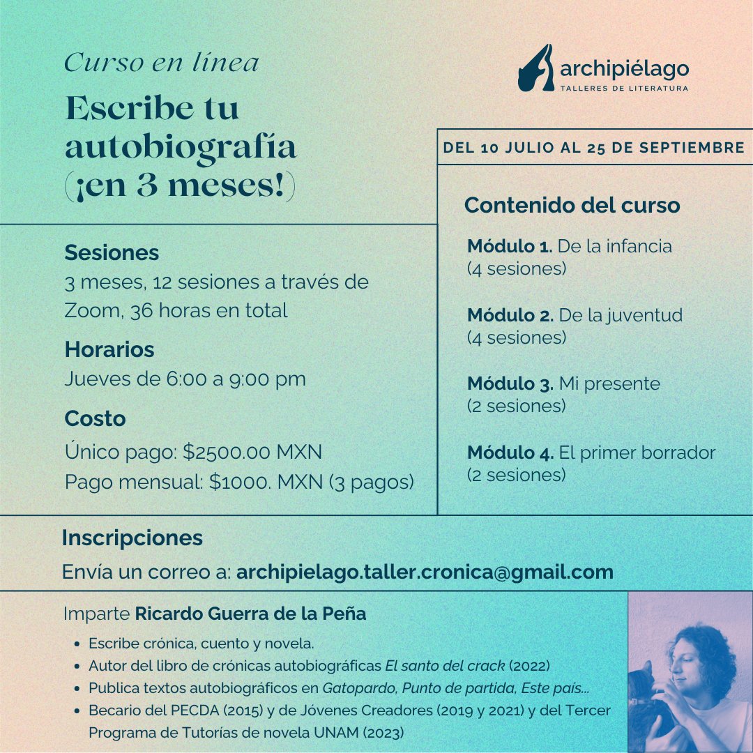 En este taller, a través de 31 ejercicios contrarreloj, escribirás tu autobiografía.
Si te interesa, avísame y te envío el programa.
Iniciamos el 10 de julio.
Cupo limitado.