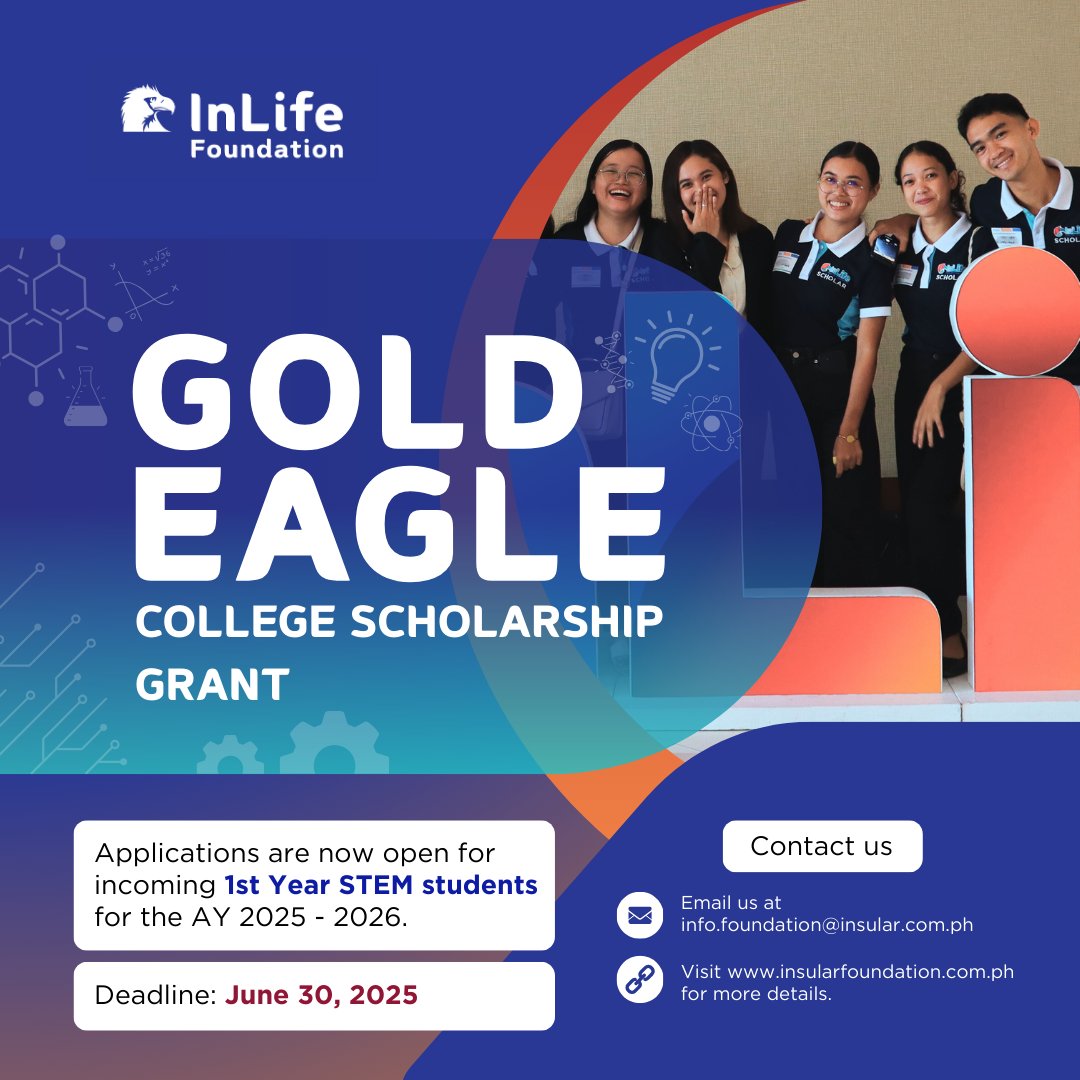 InLifePH's tweet photo. 📣 Calling all incoming STEM freshmen!
Apply for the #GoldenEagleScholarship by #InLifeFoundation for AY 2025–2026.

Apply here: https://t.co/6vLczrf29d
Deadline: June 30, 2025 https://t.co/KphaSpxqbU