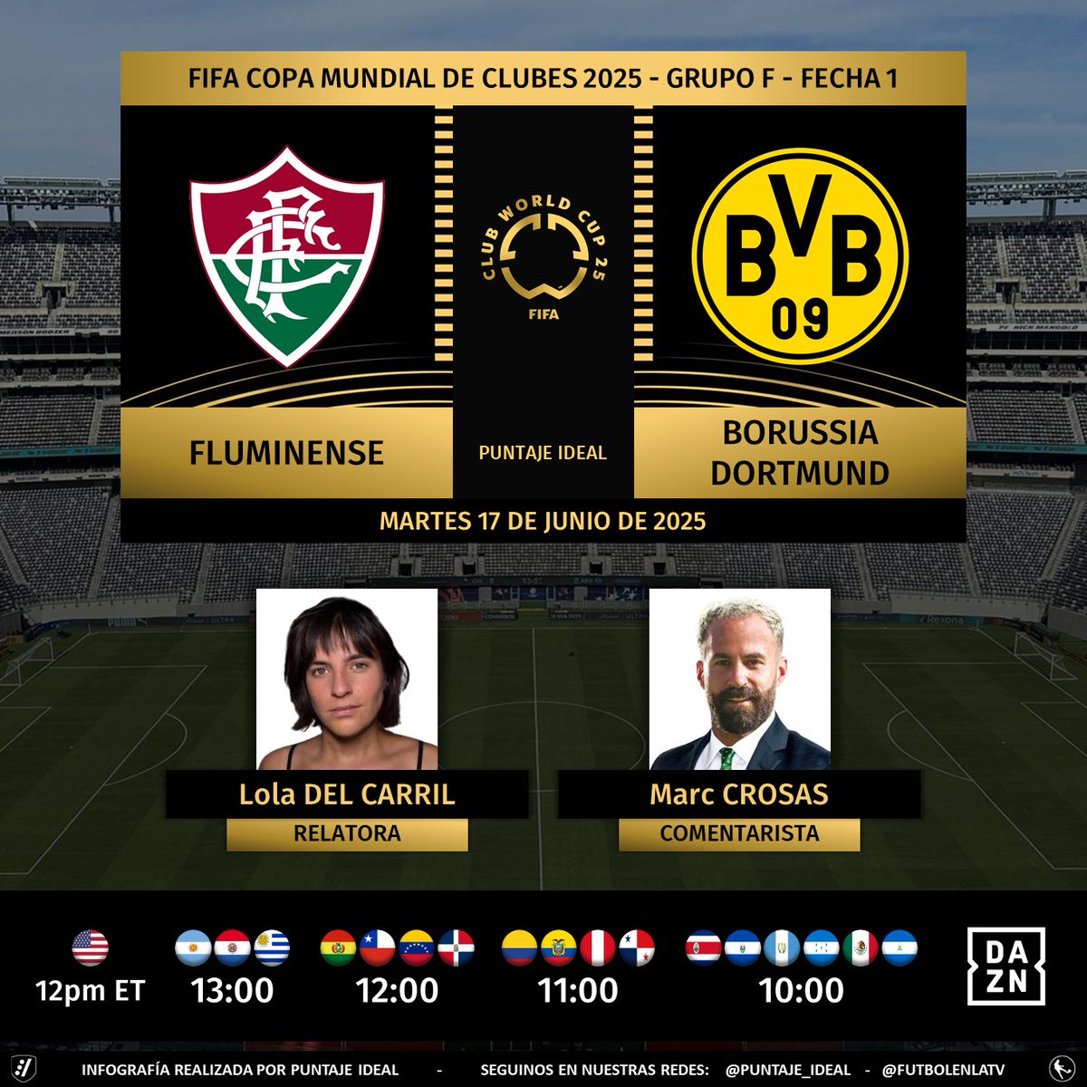 Puntaje_Ideal's tweet image. ⚽️ #MundialDeClubes | 🇧🇷 #Fluminense vs. #BorussiaDortmund 🇩🇪
🎙️ Relatora: @loladelcarril 
🎙️ Comentarista: @marccrosas 
💻📱 #DAZN en todo el continente 🌎
🤳 #FIFACWC - #VeranoFutbolero - @DAZNFutbol 
Dale RT 🔃
