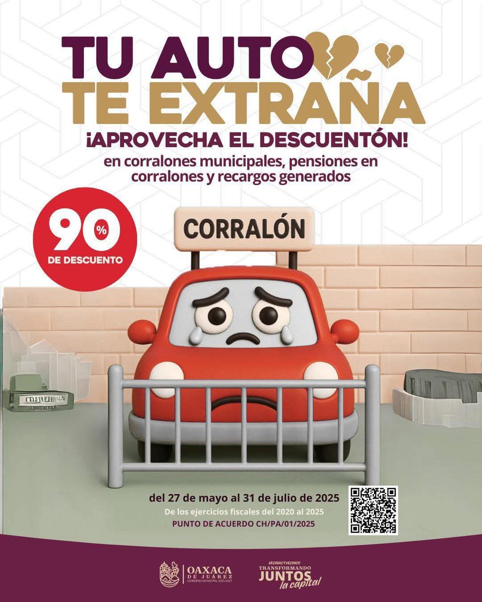 🔴 Continúa el programa de descuentos para liberar vehículos en pensiones municipales 

facebook.com/share/1FM4Hajx… 

<a href="/raychagoya/">Ray Chagoya</a> <a href="/MunicipioOaxaca/">Municipio de Oaxaca de Juárez</a> <a href="/salomonj/">Salomón Jara Cruz</a> <a href="/GobOax/">Gobierno de Oaxaca</a> <a href="/GobiernoMX/">Gobierno de México</a> <a href="/Claudiashein/">Claudia Sheinbaum Pardo</a>