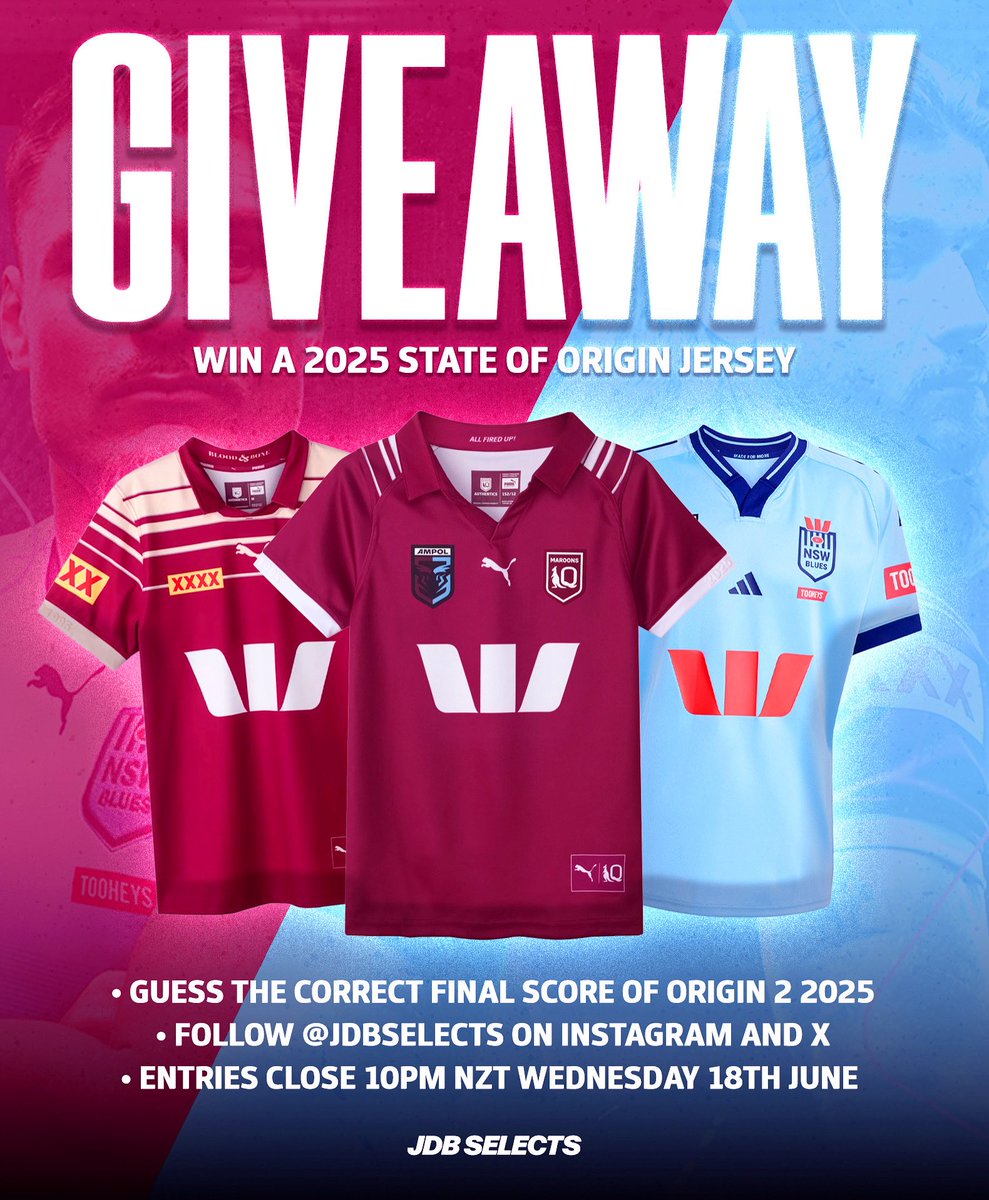 Guess the correct final score for Origin 2 in the comments and you could win a 2025 jersey! 🏉🔥Drop your prediction below👇 Entries close on June 18th at 10pm NZST and you must be following @jdbselects on X- good luck! #Origin #NRL #rugbyleague