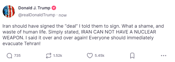 Mohamad Mahdi (@mohamadmahdi_en) on Twitter photo Threat by <a href="/realDonaldTrump/">Donald J. Trump</a> on truth social media:
"Evacuate Tehran"
With all due respect Mr President but you better F**k off!
We're here to stay!Actually we were here even before there was any America!Always a peaceful nation!
No nuclear bomb as <a href="/TulsiGabbard/">Tulsi Gabbard 🌺</a> already testified Threat by <a href="/realDonaldTrump/">Donald J. Trump</a> on truth social media:
"Evacuate Tehran"
With all due respect Mr President but you better F**k off!
We're here to stay!Actually we were here even before there was any America!Always a peaceful nation!
No nuclear bomb as <a href="/TulsiGabbard/">Tulsi Gabbard 🌺</a> already testified