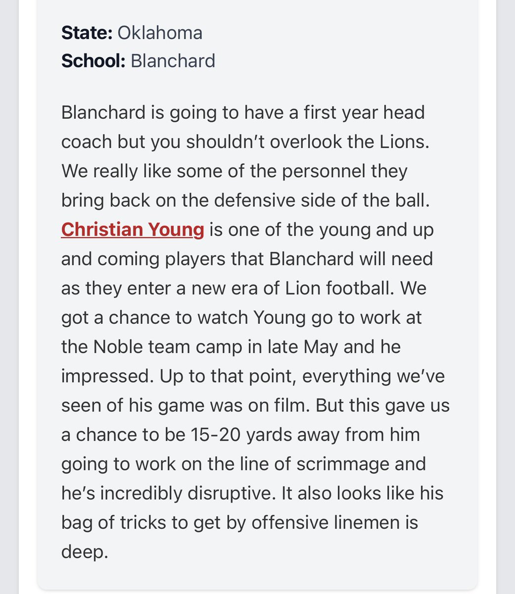Christian-Young (@cyoung2028) on Twitter photo Thank you <a href="/PrepRedzoneOK/">Prep Redzone Oklahoma</a> for the write up and ranking me as the #6 DL in the 2028 class in Oklahoma. Truly honored…#AllForHisGlory #Grateful <a href="/Blanchard_FB/">Blanchard Football</a> <a href="/PlayBookAthlete/">PLAYBOOK ATHLETE</a> <a href="/CSAPrepStar/">PREPSTAR</a> <a href="/CoachSamPittman/">Coach Sam Pittman</a> <a href="/CoachToddBates/">Todd Bates</a> <a href="/Enrique__Davis/">Coach Enrique Davis</a> <a href="/therealkwat/">Kenyatta Watson</a> <a href="/Rivals/">Rivals</a> <a href="/AndrewLee_CFB/">Andrew Lee</a> Thank you <a href="/PrepRedzoneOK/">Prep Redzone Oklahoma</a> for the write up and ranking me as the #6 DL in the 2028 class in Oklahoma. Truly honored…#AllForHisGlory #Grateful <a href="/Blanchard_FB/">Blanchard Football</a> <a href="/PlayBookAthlete/">PLAYBOOK ATHLETE</a> <a href="/CSAPrepStar/">PREPSTAR</a> <a href="/CoachSamPittman/">Coach Sam Pittman</a> <a href="/CoachToddBates/">Todd Bates</a> <a href="/Enrique__Davis/">Coach Enrique Davis</a> <a href="/therealkwat/">Kenyatta Watson</a> <a href="/Rivals/">Rivals</a> <a href="/AndrewLee_CFB/">Andrew Lee</a>