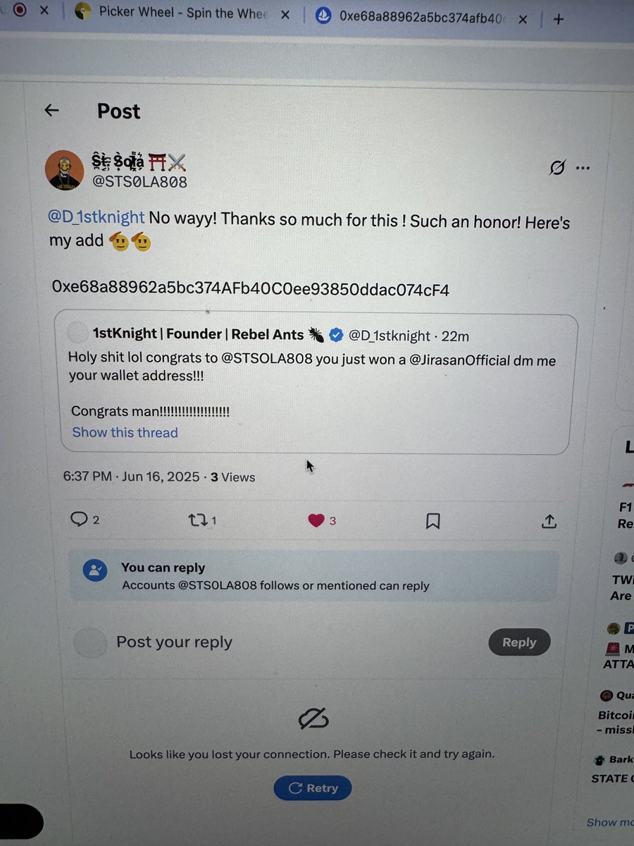 1stKnight | Founder | Rebel Ants 🐜 (@d_1stknight) on Twitter photo Wow someone impersonating <a href="/STSOLA808/">S̴̪͂t̵͔̀.̴̹͆ S̷͎̀o̷̙̚l̷͓͌a̵̗͛ ⛩️⚔️</a> ended getting one the price, but it’s ok. I’m sending him a better one.
Shitty people in this space. My fault I hit excited and sent it too fast lol. I’m not worry about it. Sola is now getting a better one. Hope they die a slow death lol. Wow someone impersonating <a href="/STSOLA808/">S̴̪͂t̵͔̀.̴̹͆ S̷͎̀o̷̙̚l̷͓͌a̵̗͛ ⛩️⚔️</a> ended getting one the price, but it’s ok. I’m sending him a better one.
Shitty people in this space. My fault I hit excited and sent it too fast lol. I’m not worry about it. Sola is now getting a better one. Hope they die a slow death lol.