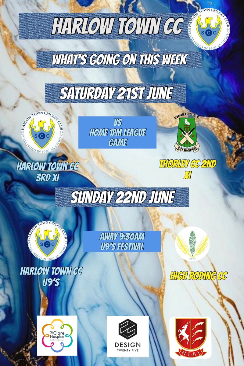 Harlow Town CC (@harlowtowncc) on Twitter photo What’s going on this week!!!
1st Xl home to @benfleetcc
2nd Xl away to @horndoncc
3rd Xl home to <a href="/thorley_cc/">Thorley Cricket Club</a>
U9’s festival Cricket @highrodingcc
adult training, Wednesday 18th June
Junior, training, Thursday 19th June
#harlowtowncc #townies #littletownies #upthetown What’s going on this week!!!
1st Xl home to @benfleetcc
2nd Xl away to @horndoncc
3rd Xl home to <a href="/thorley_cc/">Thorley Cricket Club</a>
U9’s festival Cricket @highrodingcc
adult training, Wednesday 18th June
Junior, training, Thursday 19th June
#harlowtowncc #townies #littletownies #upthetown