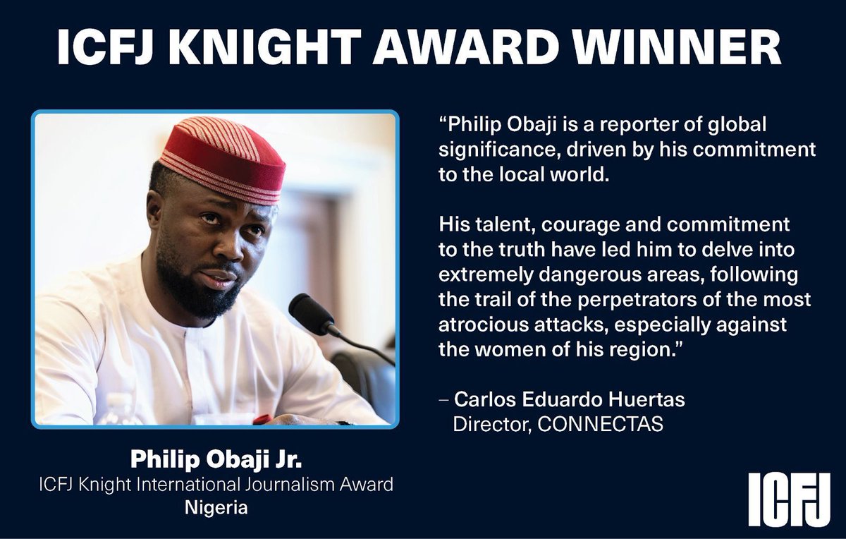 International Center for Journalists (@icfj) on Twitter photo “His talent, courage and commitment to the truth have led him to delve into extremely dangerous areas, following the trail of the perpetrators of the most atrocious attacks,” said ICFJ Knight Award judge Carlos Eduardo Huertas of 2025 winner <a href="/PhilipObaji/">Philip Obaji Jr.</a>. buff.ly/x2TqMWH “His talent, courage and commitment to the truth have led him to delve into extremely dangerous areas, following the trail of the perpetrators of the most atrocious attacks,” said ICFJ Knight Award judge Carlos Eduardo Huertas of 2025 winner <a href="/PhilipObaji/">Philip Obaji Jr.</a>. buff.ly/x2TqMWH