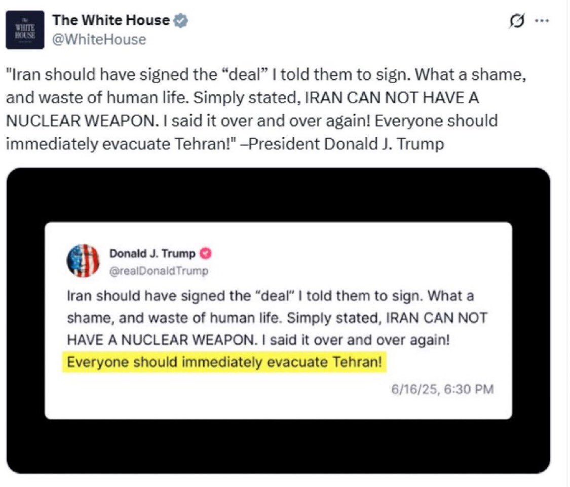البيت الأبيض ينشر رسالة الرئيس ترامب ويسلط الضوء على "يجب على الجميع إخلاء طهران على الفور!"