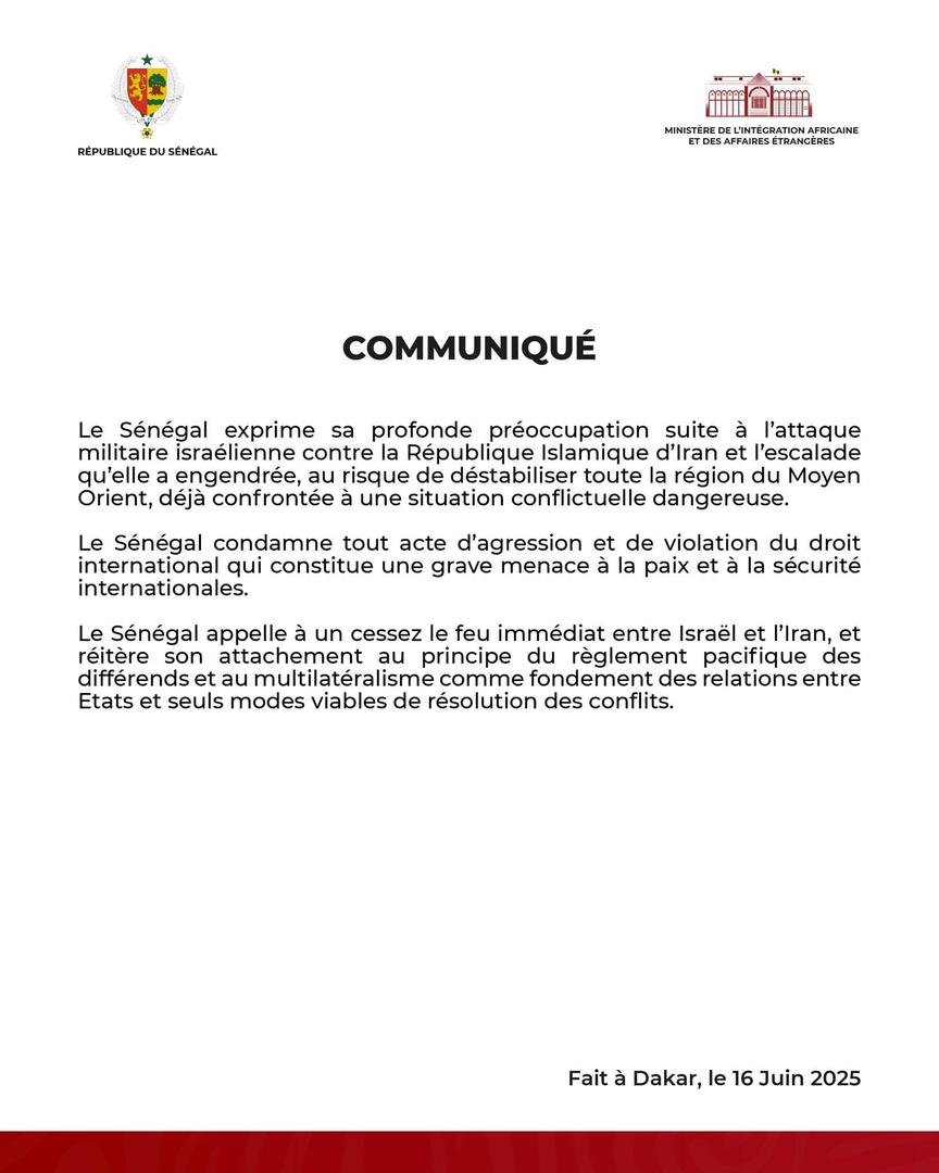 KiliFeuu's tweet photo. 📌Communiqué MIAAE
Le Sénégal exprime sa profonde préoccupation suite à l’attaque militaire israélienne contre la République Islamique d’Iran et l’escalade qu’elle a engendrée, au risque de déstabiliser toute la région du Moyen Orient, déjà confrontée à une situation conflictuelle dangereuse.