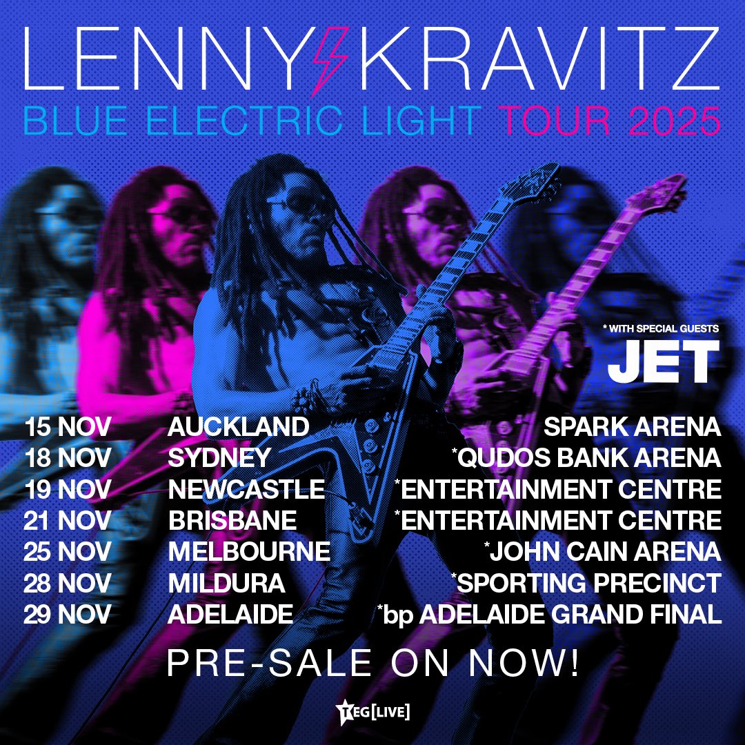 Australia and New Zealand, Artist presale is live ⚡️ Get your tickets now with code BEL2025: lennykravitz.com/tour

15 Nov: Auckland Spark Arena
18 Nov: Sydney Qudos Bank Arena
19 Nov: Newcastle Entertainment Centre
21 Nov: Brisbane Entertainment Centre
25 Nov: Melbourne John
