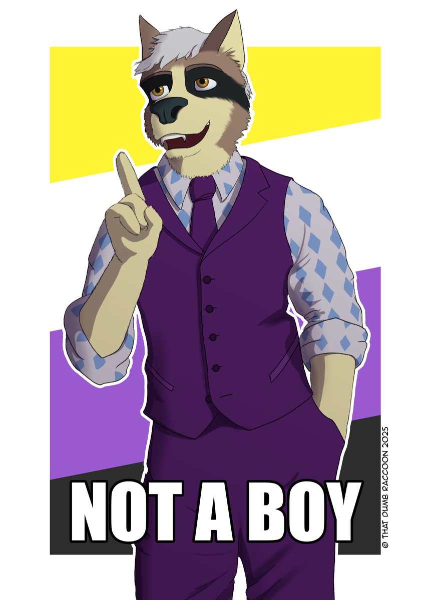 ThatDumbRaccoon's tweet image. Another commission from the lovely @speaking_wolf, wearing a suit inspired by Janet from The Good Place. In the show, Janet was referred to as a girl and, being a living database of all knowledge, she would reply "not a girl." Here we have Darwen, proudly echoing this sentiment❤️