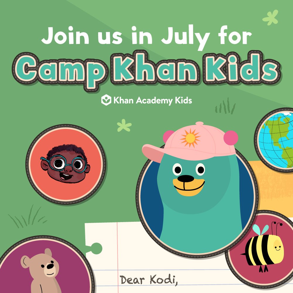 Parents and teachers, summer camp is on the way! ☀️ Join us in July for Camp Khan Kids, our self-paced summer learning program for children ages 2–8. Kids can read, play, and learn with our fun weekly schedules. Download the Khan Academy Kids app, then visit