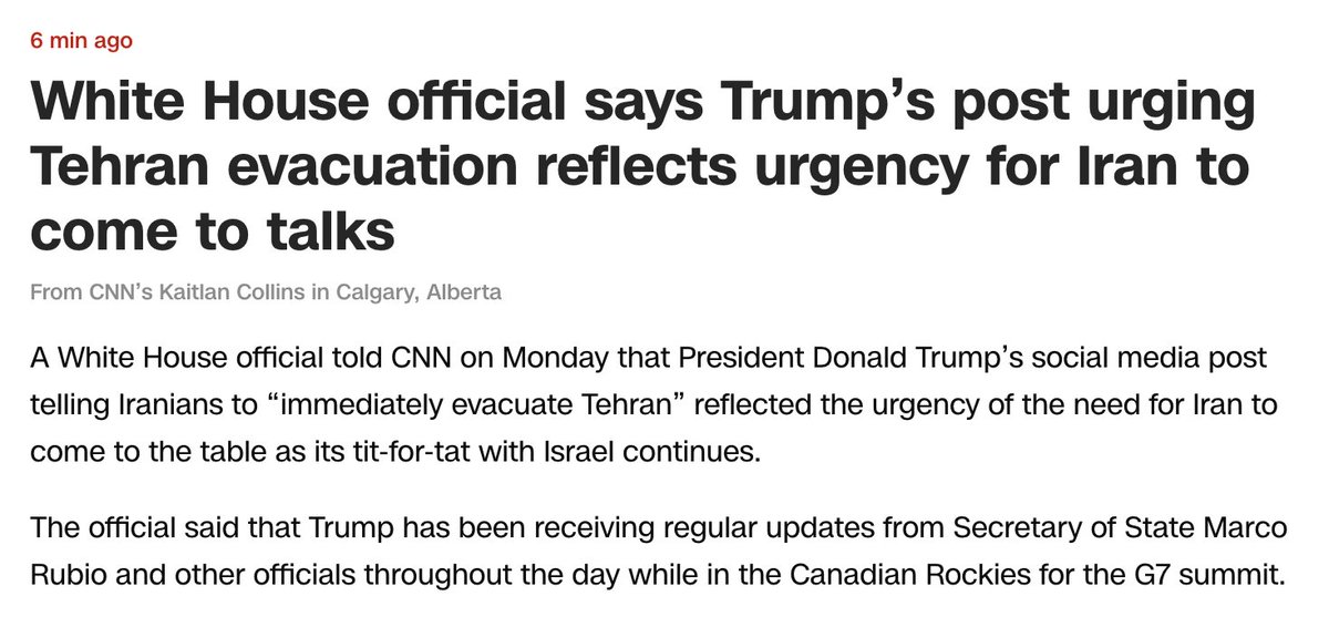 Faytuks's tweet photo. NEW: Trump’s social media post telling Iranians to “immediately evacuate Tehran” reflected the urgency of the need for Iran to come to the negotiating table, a white house official tells CNN

https://t.co/Q7AtkelSIc https://t.co/aGOeOwD4Ms