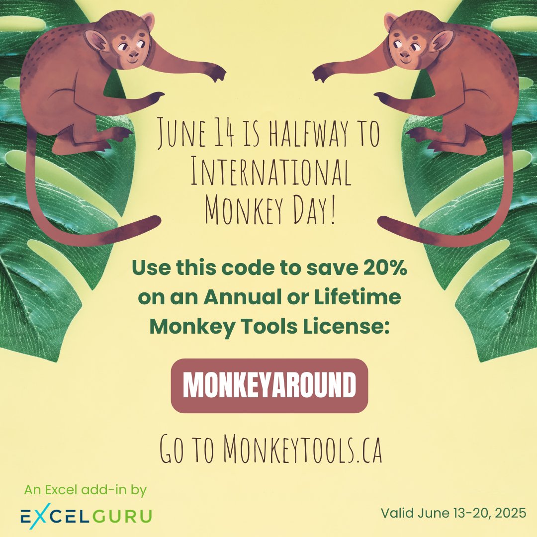 kpuls's tweet photo. Our "Halfway to Monkey Day" special continues until June 20! Save 20% on an Annual or Lifetime license for #MonkeyTools. 🐵🛠 It's the only tool on the market which can import a model from #PowerBI back into #Excel!
Go to https://t.co/XPwOnYsze0 and use code MONKEYAROUND https://t.co/bBcFmTItvA