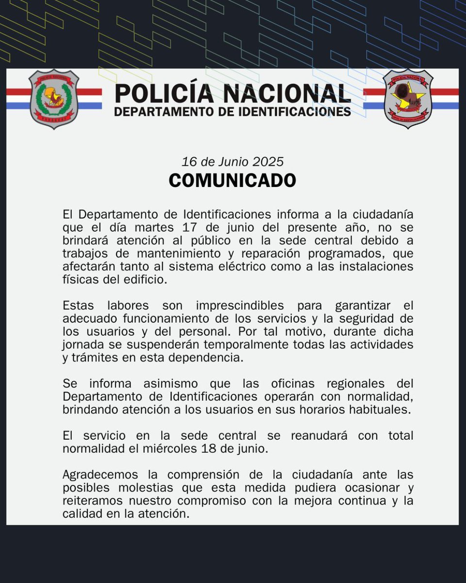 Identificaciones no atenderá mañana por trabajos de mantenimiento

▪️El Departamento de Identificaciones anuncia que mañana martes 17 de junio no habrá atención al público en la sede central “debido a trabajos de mantenimiento y reparación programados”.

#Ñanduti