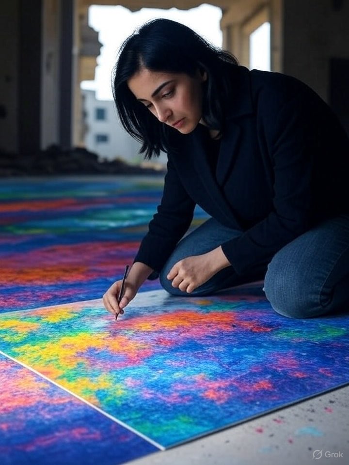 #MadeCommunity1🙏#MadeArtBridge 

       Good Evening &amp; Good Morning 
                          Everyone 

                      Message Story

In a quiet village in Iran, after the bombs fell, a young woman found her paintbrush buried under rubble.
She cleaned it with tears —